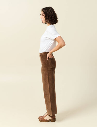 Pantalon large taille haute en velours vieux rose femme