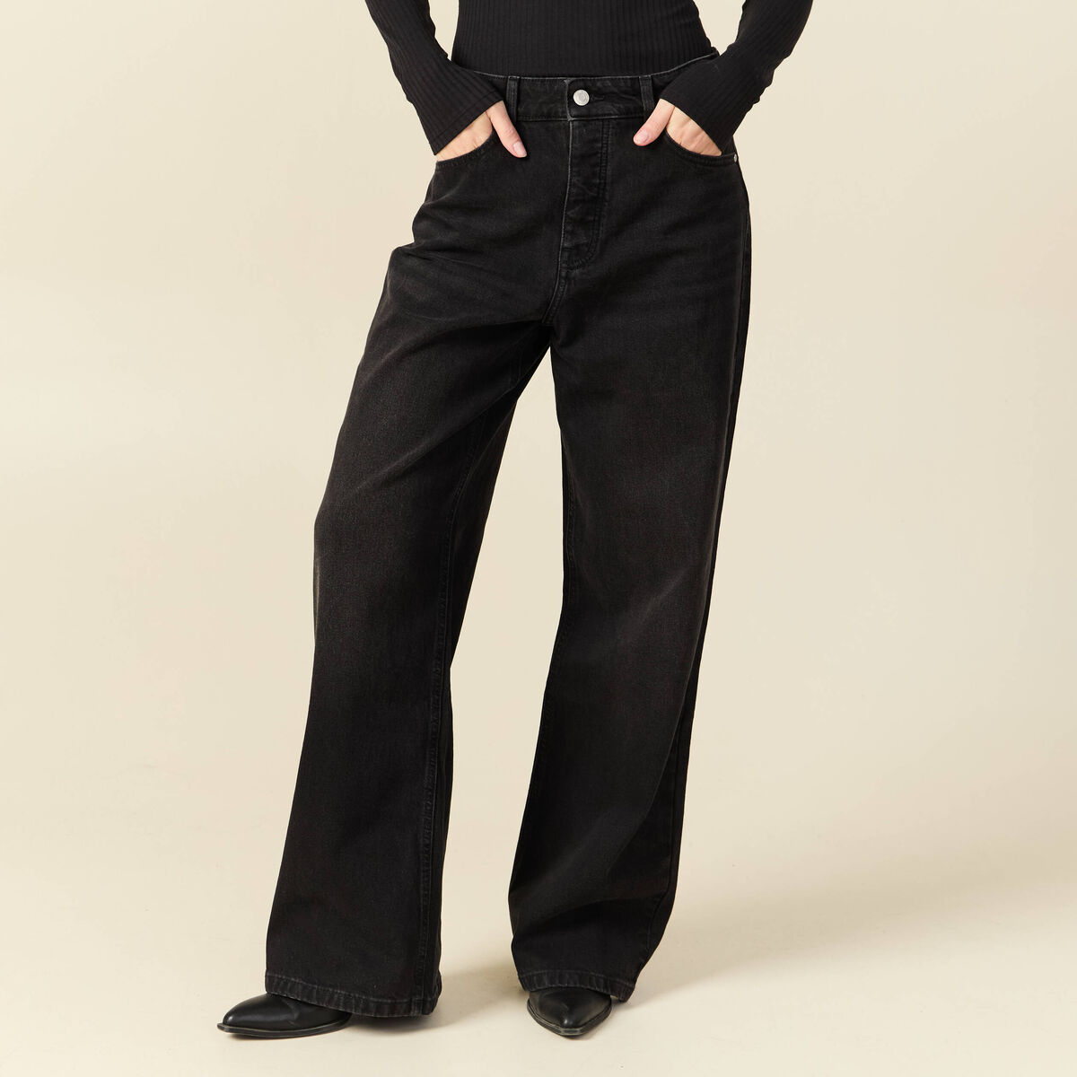 Jeans large taille haute denim noir femme