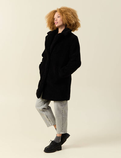 Manteau long laine mouton noir femme