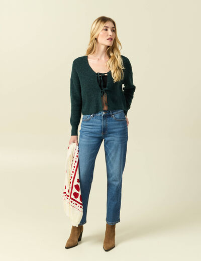 Gilet col V manches longues n&oelig;uds vert fonc&eacute; femme