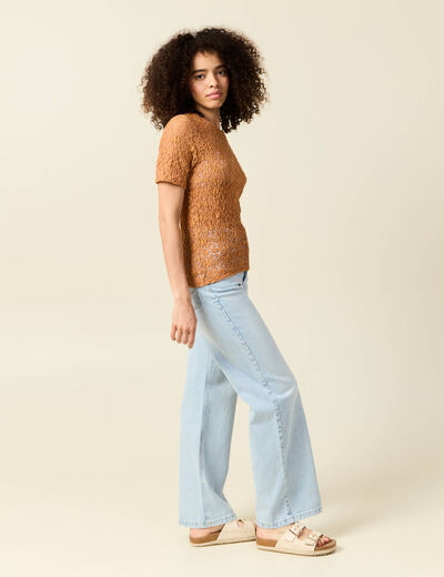 T-shirt cintr&eacute; col rond dentelle terracotta femme