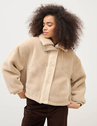 Veste oversize effet polaire col montant creme femme