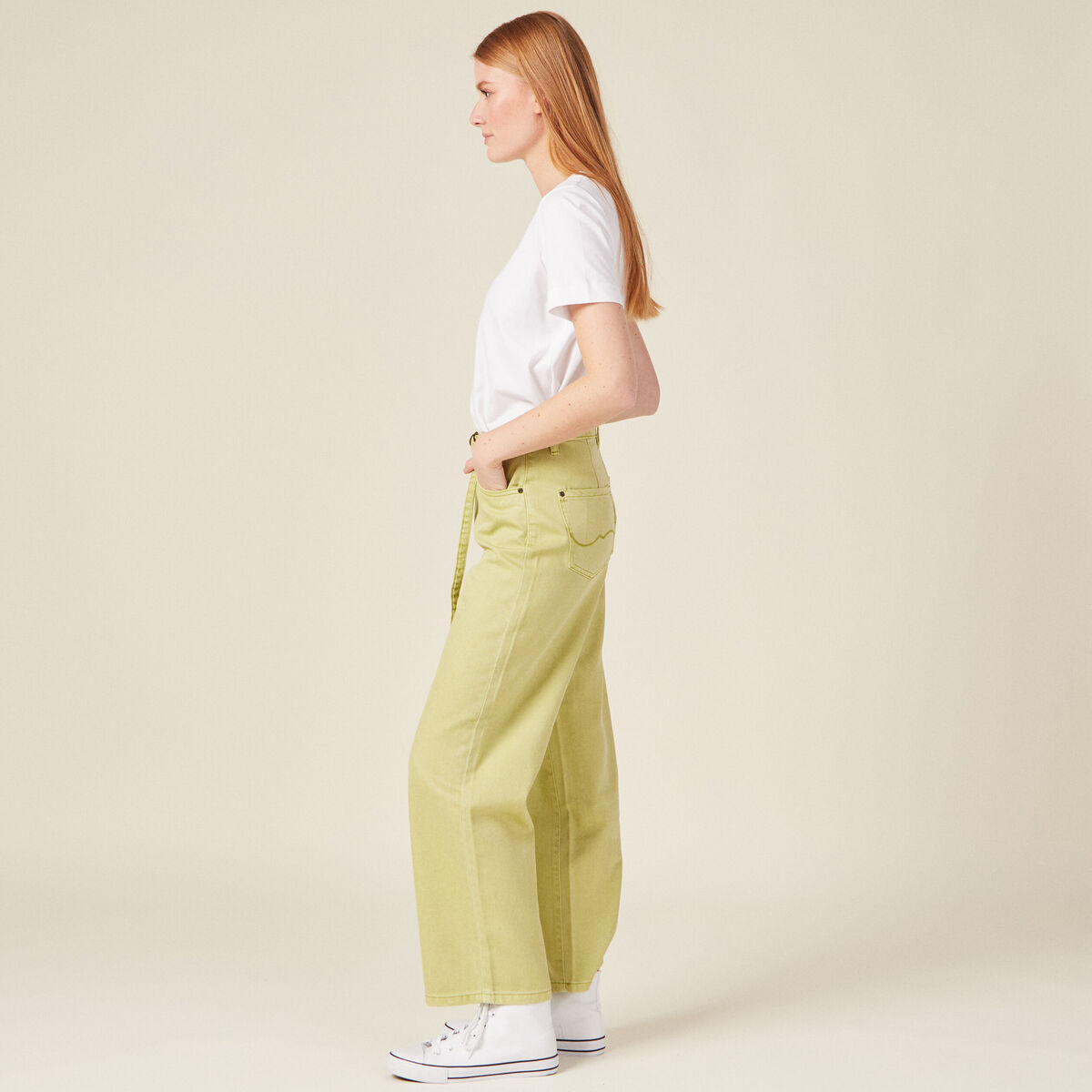 Pantalon large éco-responsable vert anis femme