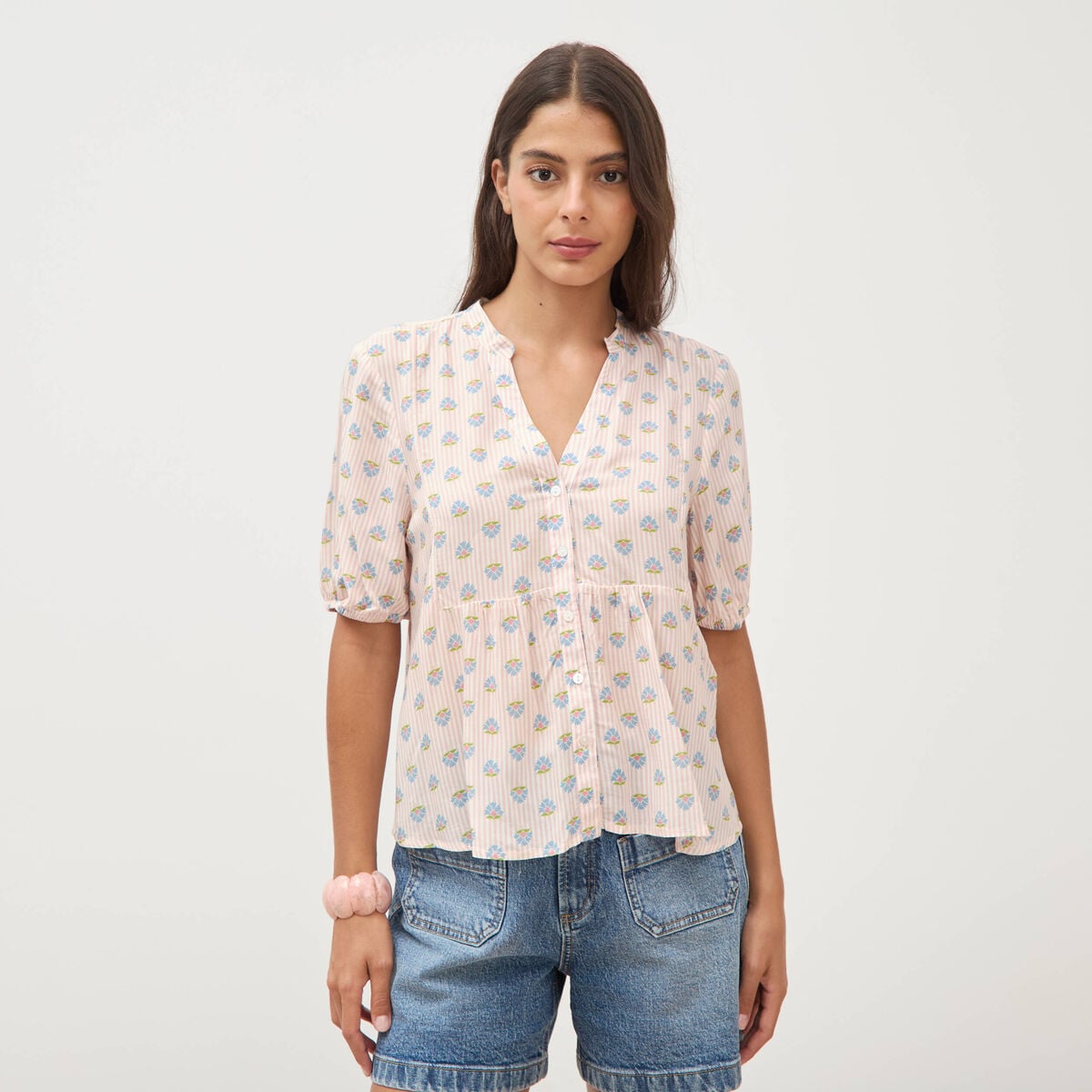 Chemise droite col v manches courtes rose femme
