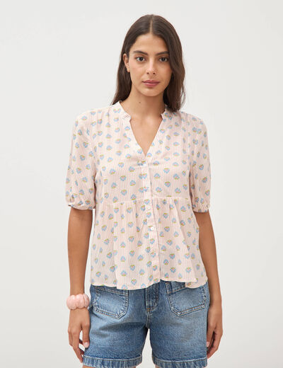 Chemise droite col v manches courtes rose femme