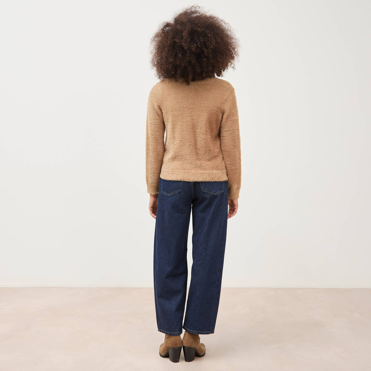 Pull droit col v manches longues camel femme