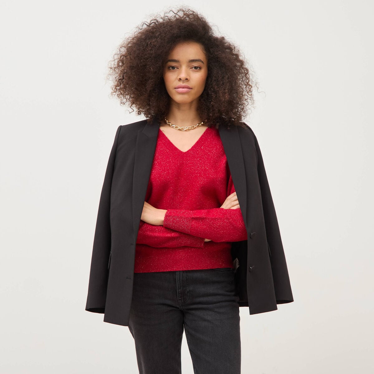 Pull droit col v manches longues rouge femme