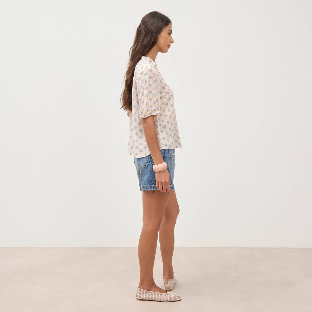 Chemise droite col v manches courtes rose femme