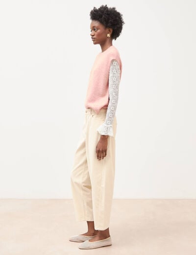 Pantalon barrel taille haute velours ivoire femme