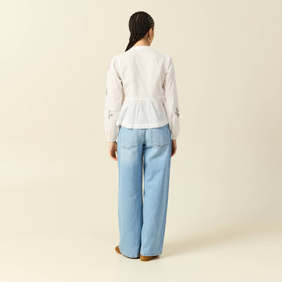 Chemise brod&eacute;e en coton manches longues ecru femme