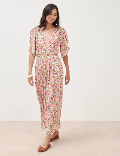 Robe fluide col v manches courtes multicolore femme