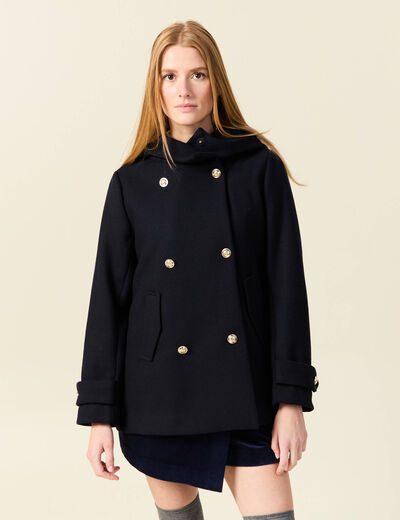 Caban oversize court &agrave; capuche bleu fonc&eacute; femme