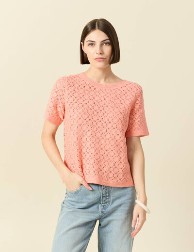T-shirt ajour&eacute; col rond manches courtes rose saumon femme