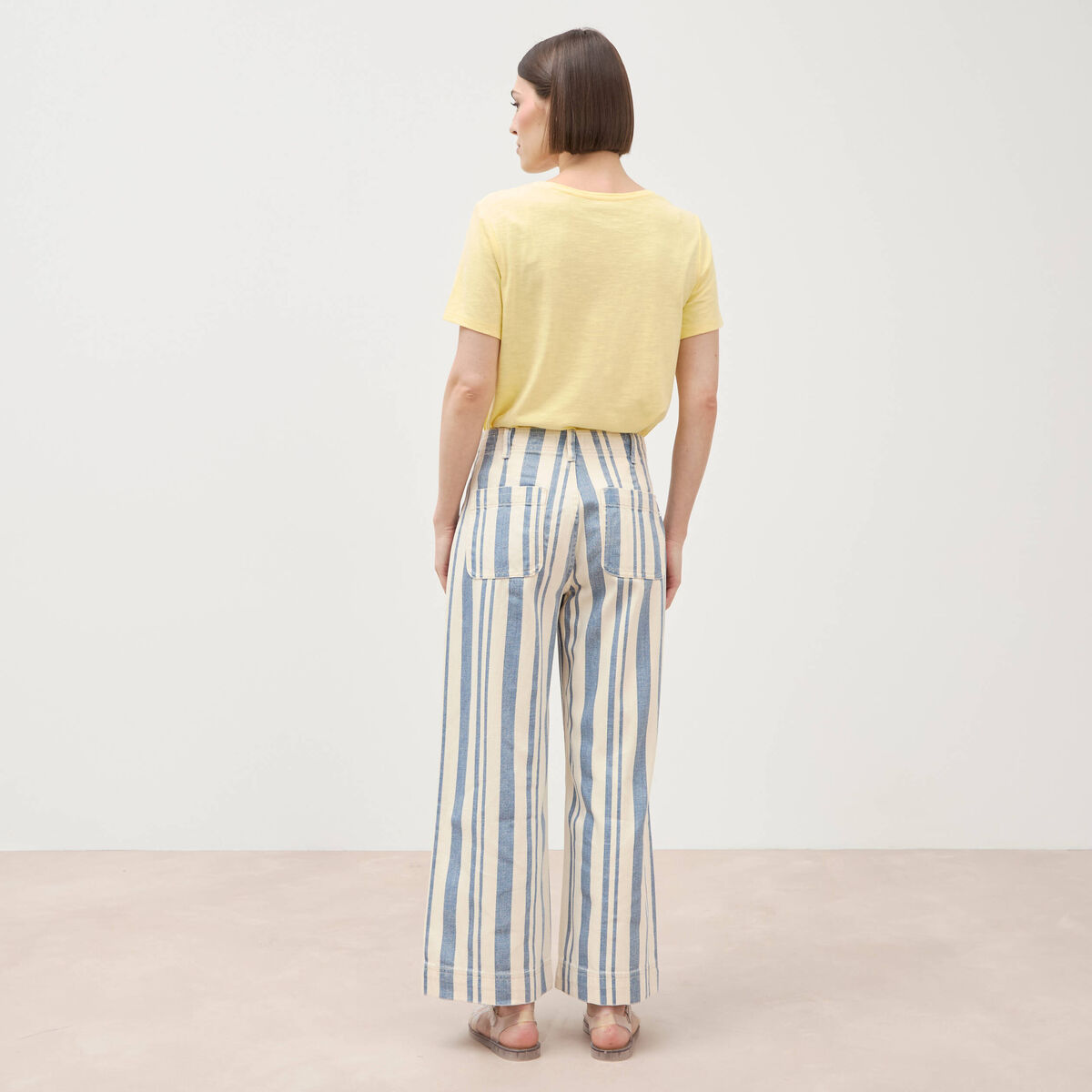 Jeans large cropped taille haute ray&eacute; bleu ciel femme