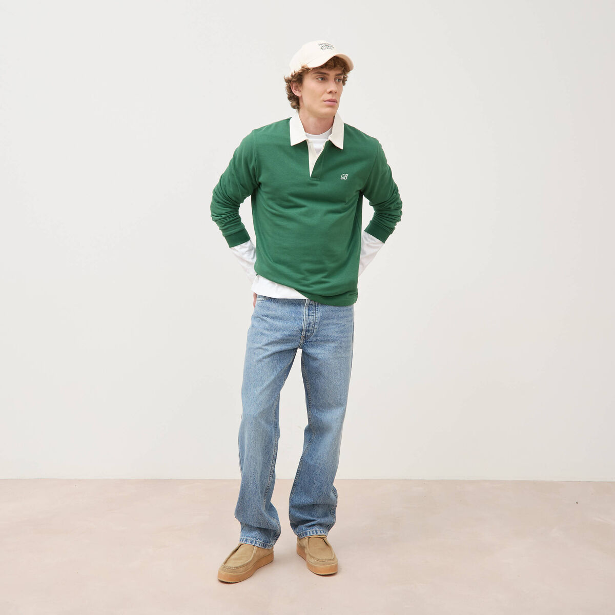Polo manches longues broderie vert homme