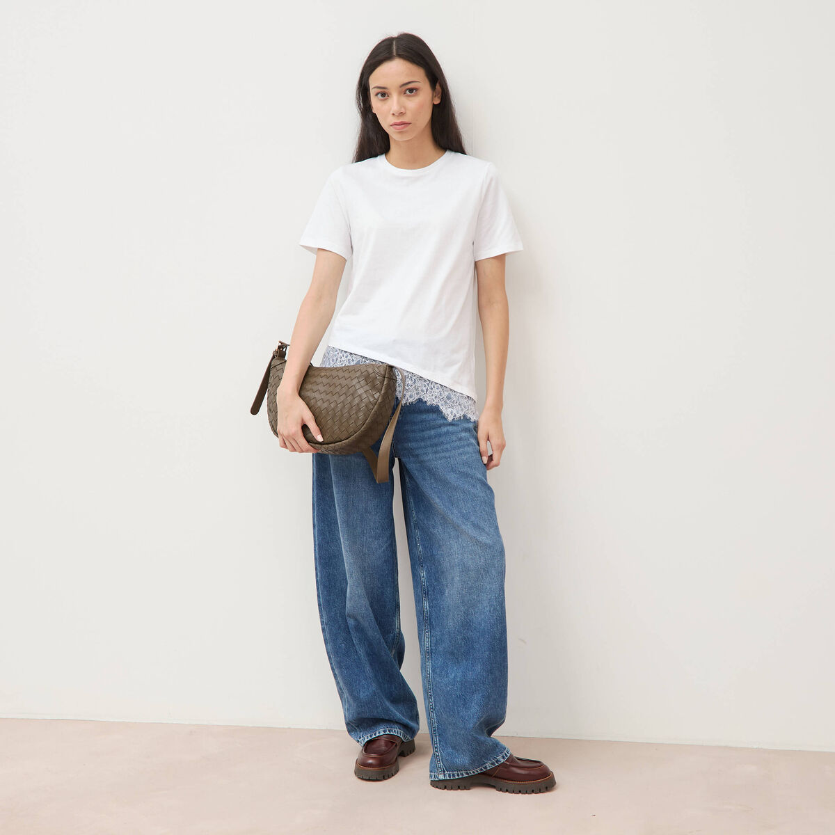 T-shirt droit col rond avec dentelle ecru femme