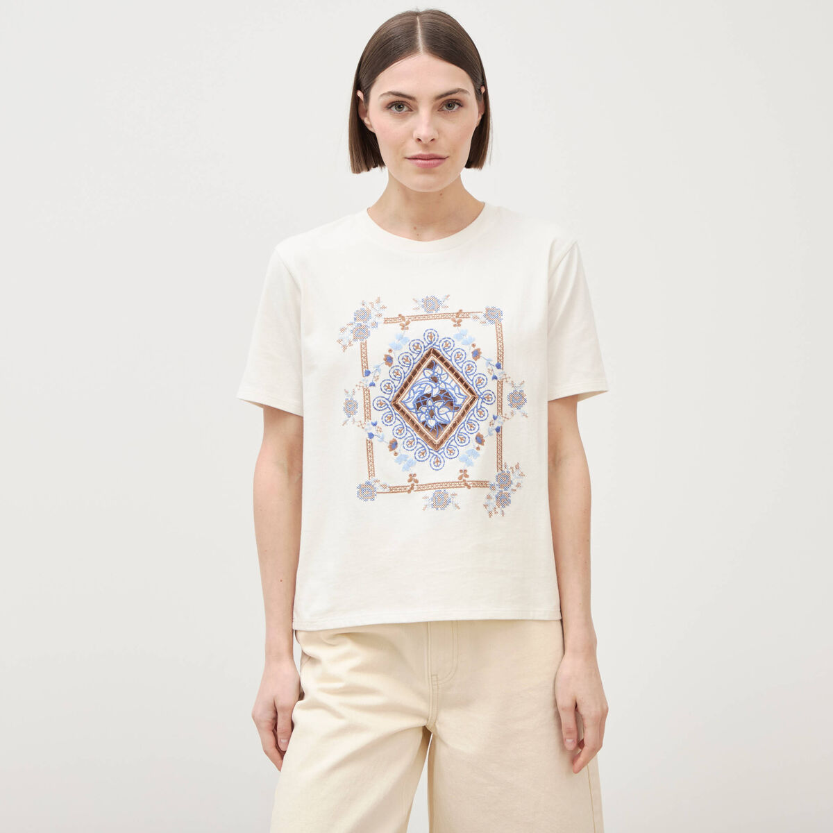 T-shirt en coton manches courtes ivoire femme