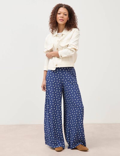 Pantalon large taille haute bleu marine femme