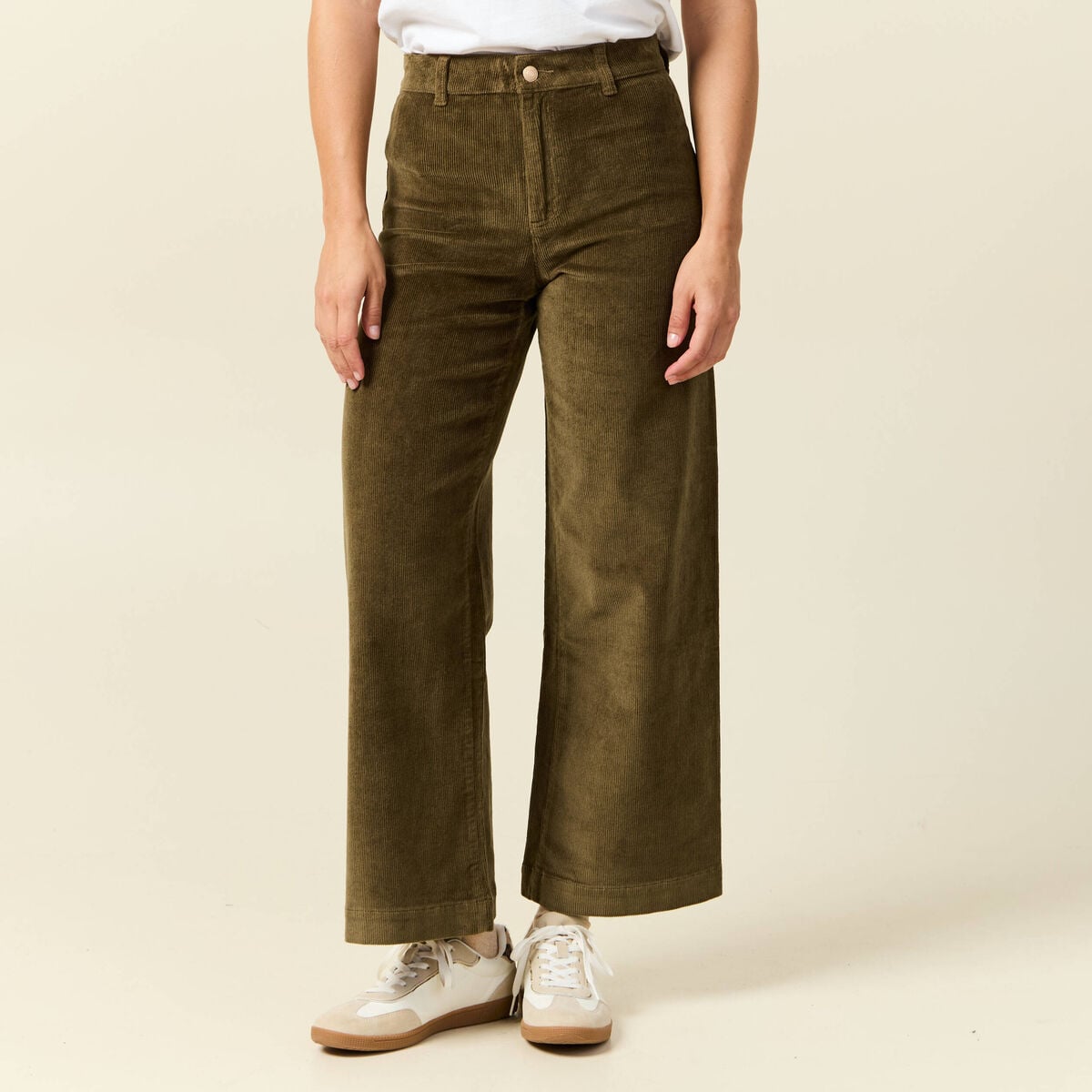 Pantalon large taille haute en velours vert kaki femme