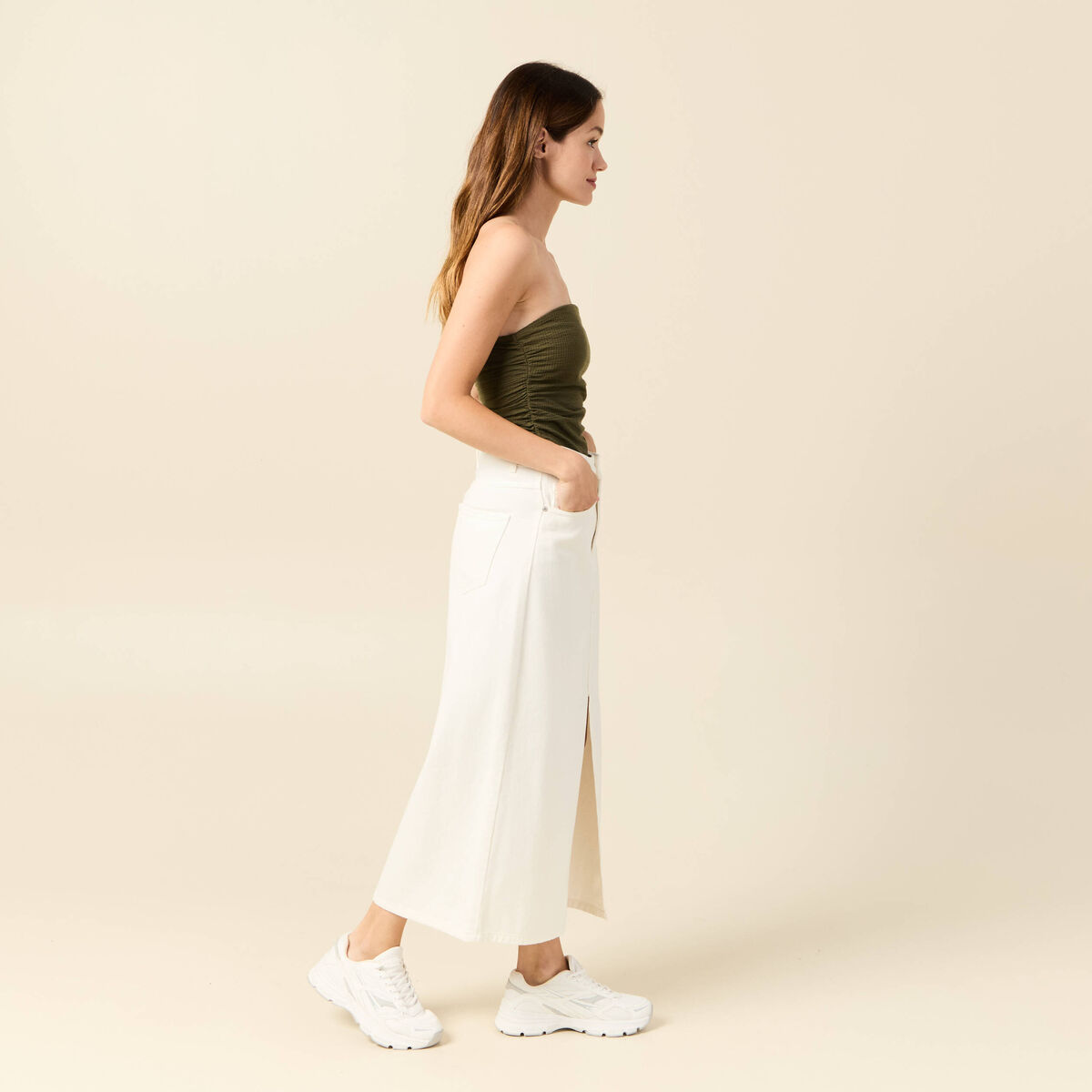Bustier cropped côtelé vert kaki femme