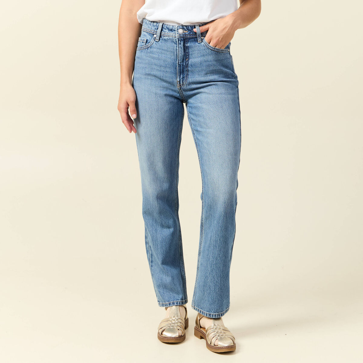 Jeans straight taille haute 7/8&egrave;me bleu femme