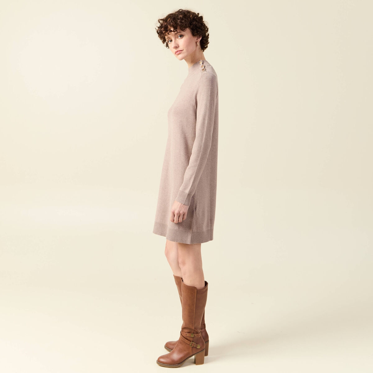 Robe pull droite col montant taupe femme