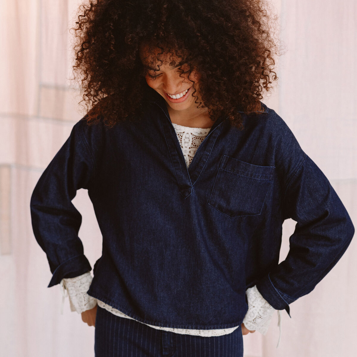 Chemise oversize en coton denim stone femme
