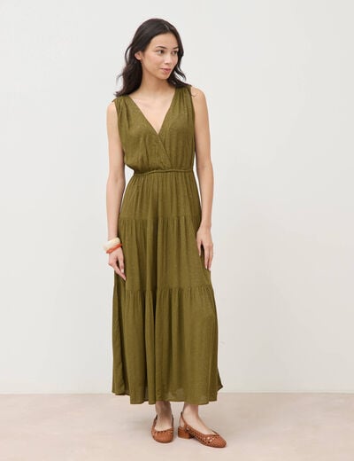 Robe fluide col v sans manches vert kaki femme