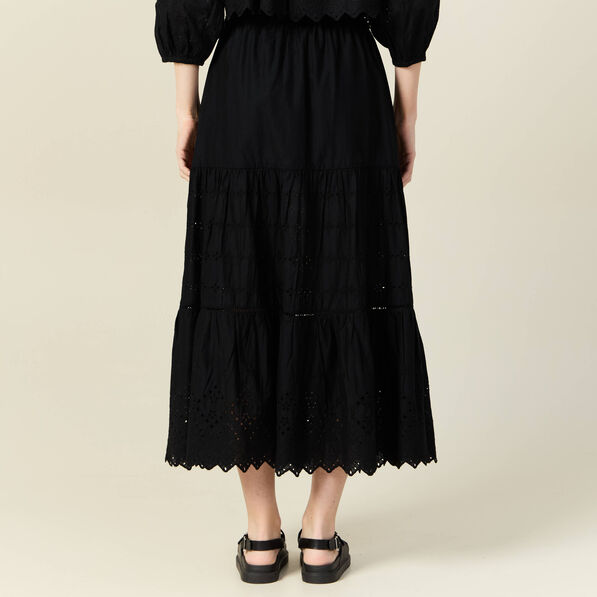 Jupe longue évasée brodée noir femme