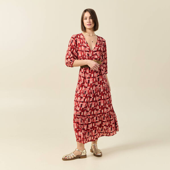 Robe longue droite fluide rouge foncé femme