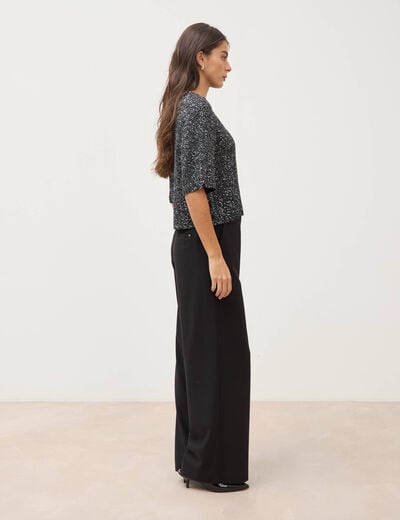 Pull manches courtes col rond brillant noir femme