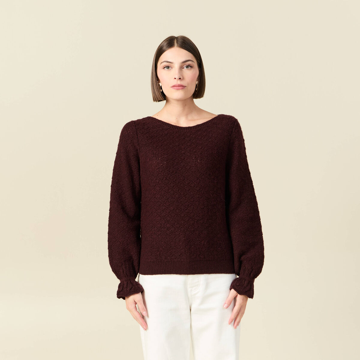 Pull ajour&eacute; col bateau manches longues prune femme