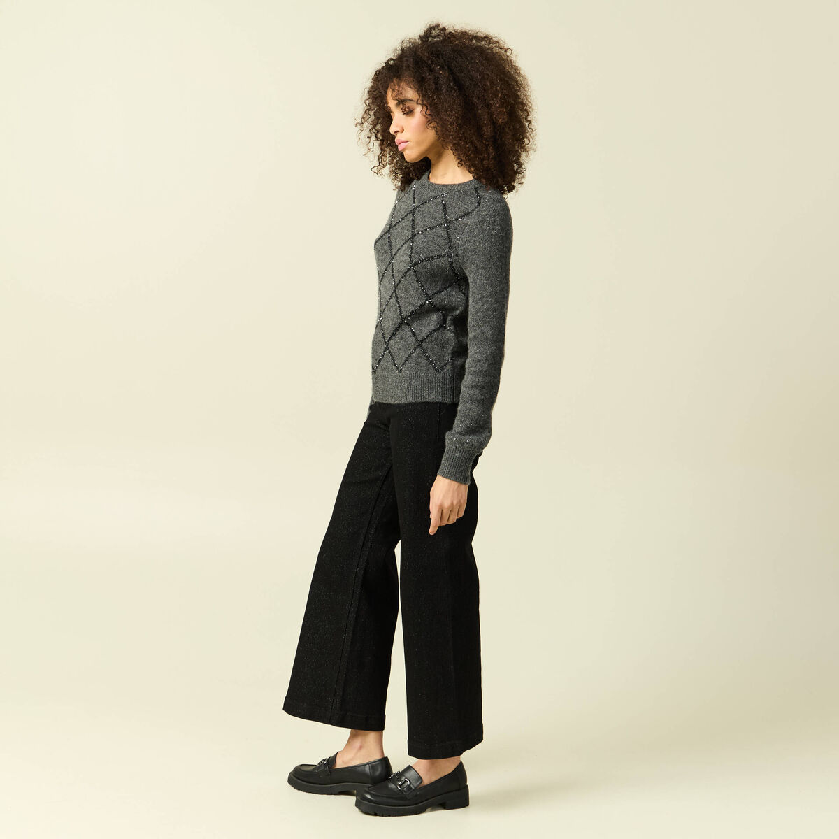 Pull manches longues &agrave; sequins gris fonc&eacute; femme