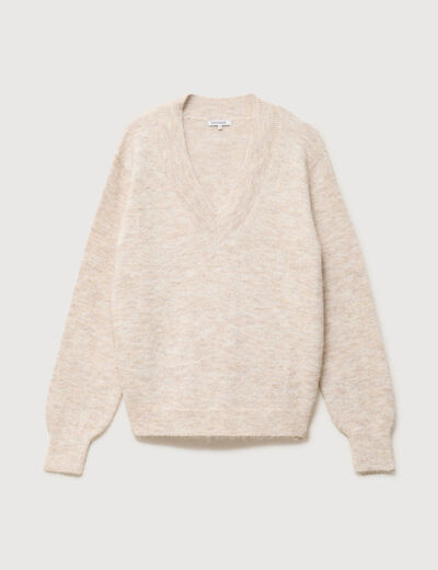 Pull col v manches longues creme femme