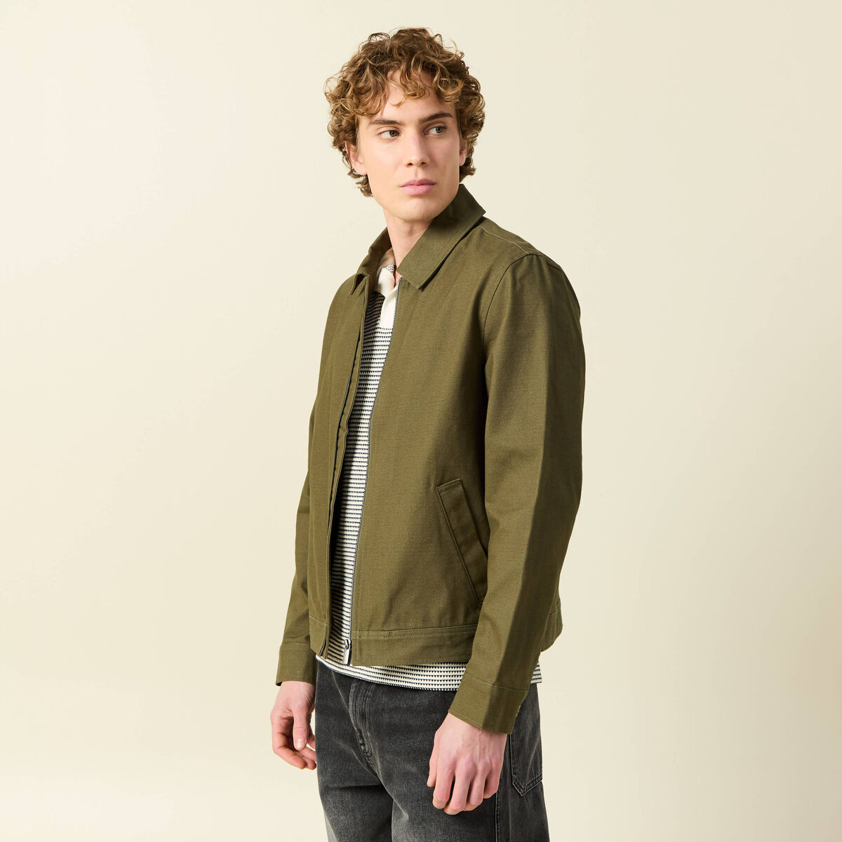 Blouson droit court en coton vert kaki homme