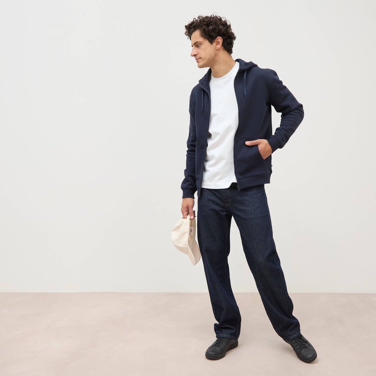 Sweat &agrave; capuche manches longues bleu marine homme