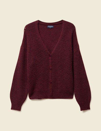 Gilet ajouré col V manches longues bordeaux femme