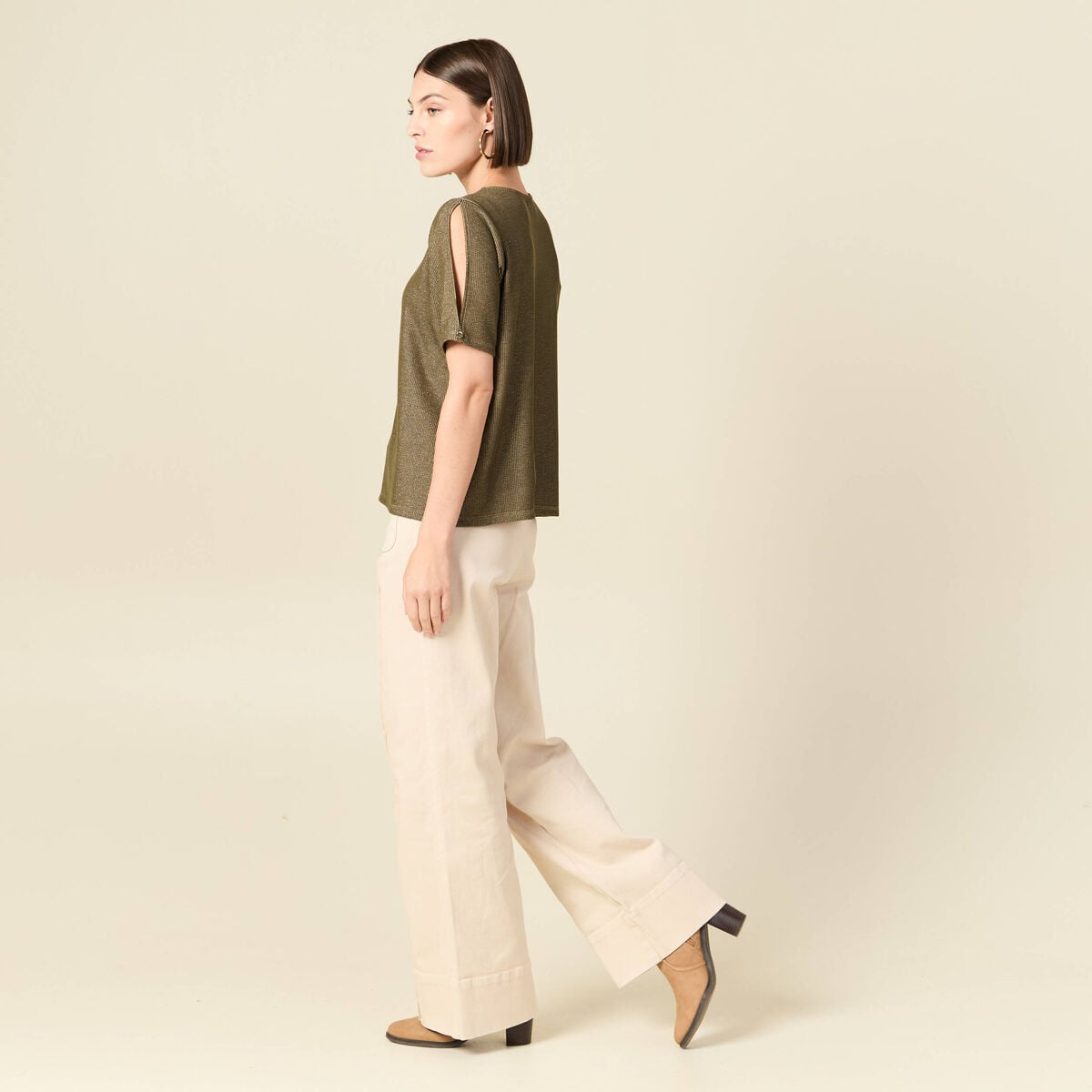 T-shirt manches courtes brillant vert kaki femme