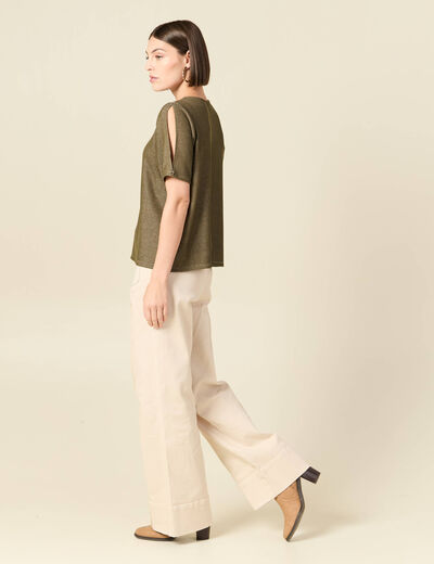 T-shirt manches courtes brillant vert kaki femme