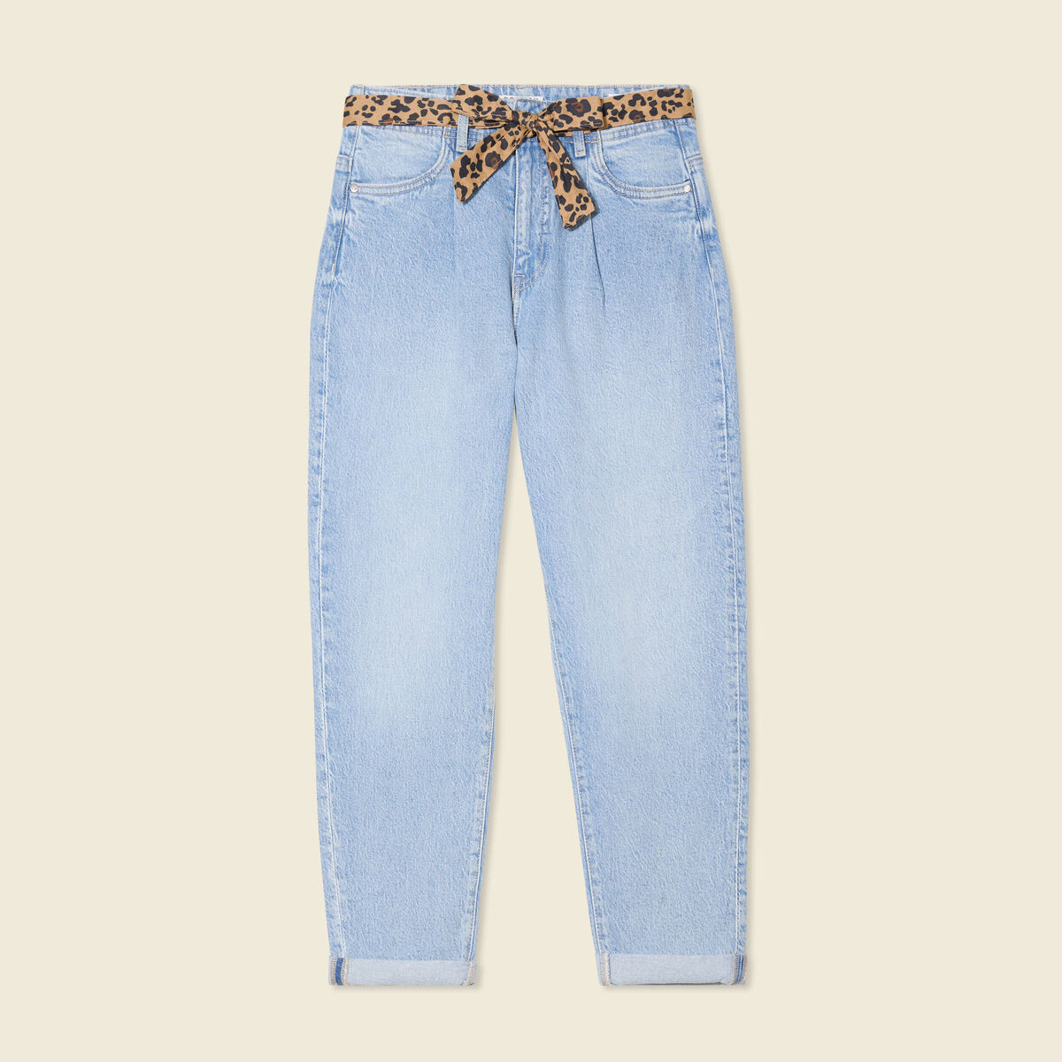 Jeans mom ceinture foulard denim bleach femme