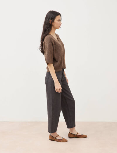 Pull droit court col v manches courtes marron femme