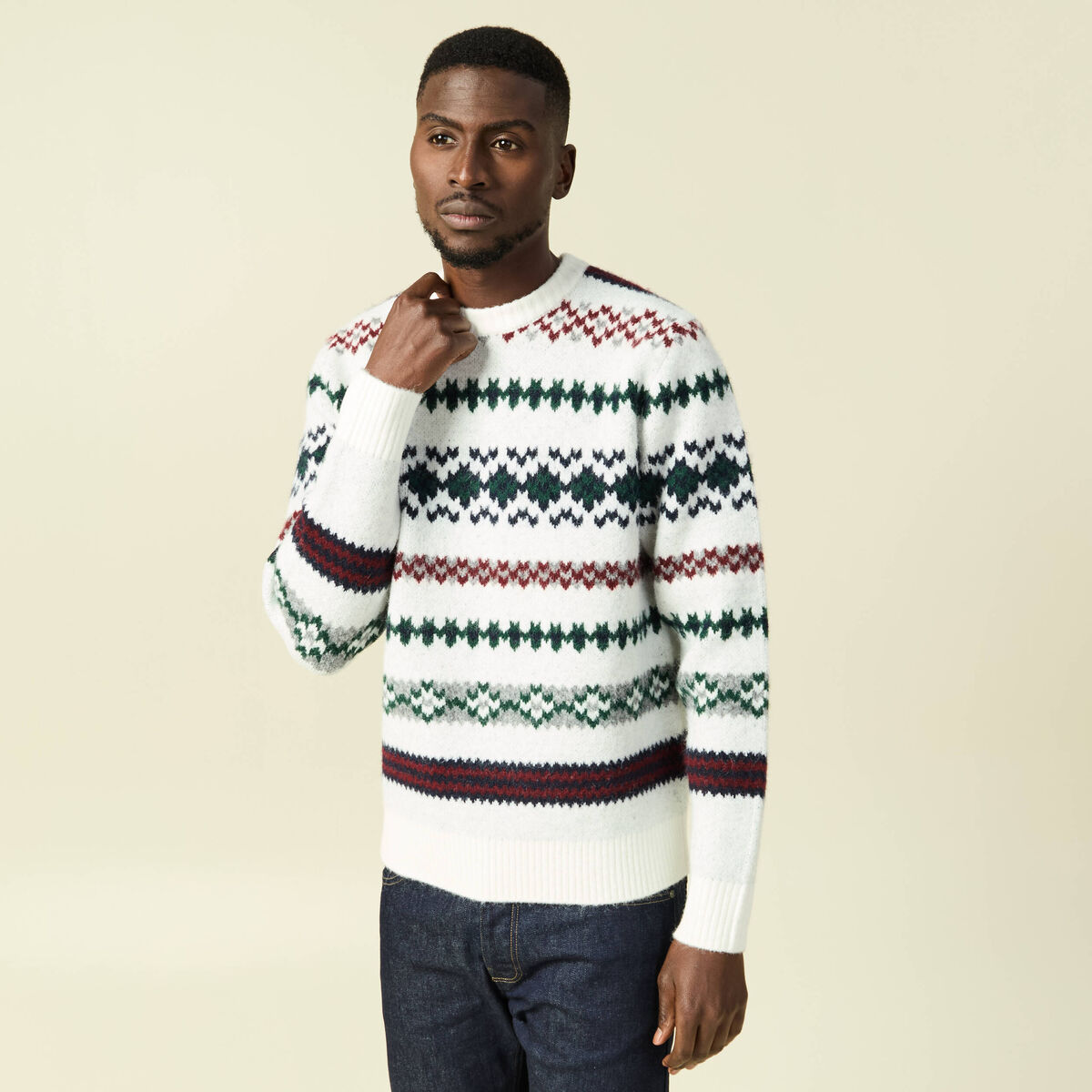 Pull manches longues col rond ecru homme