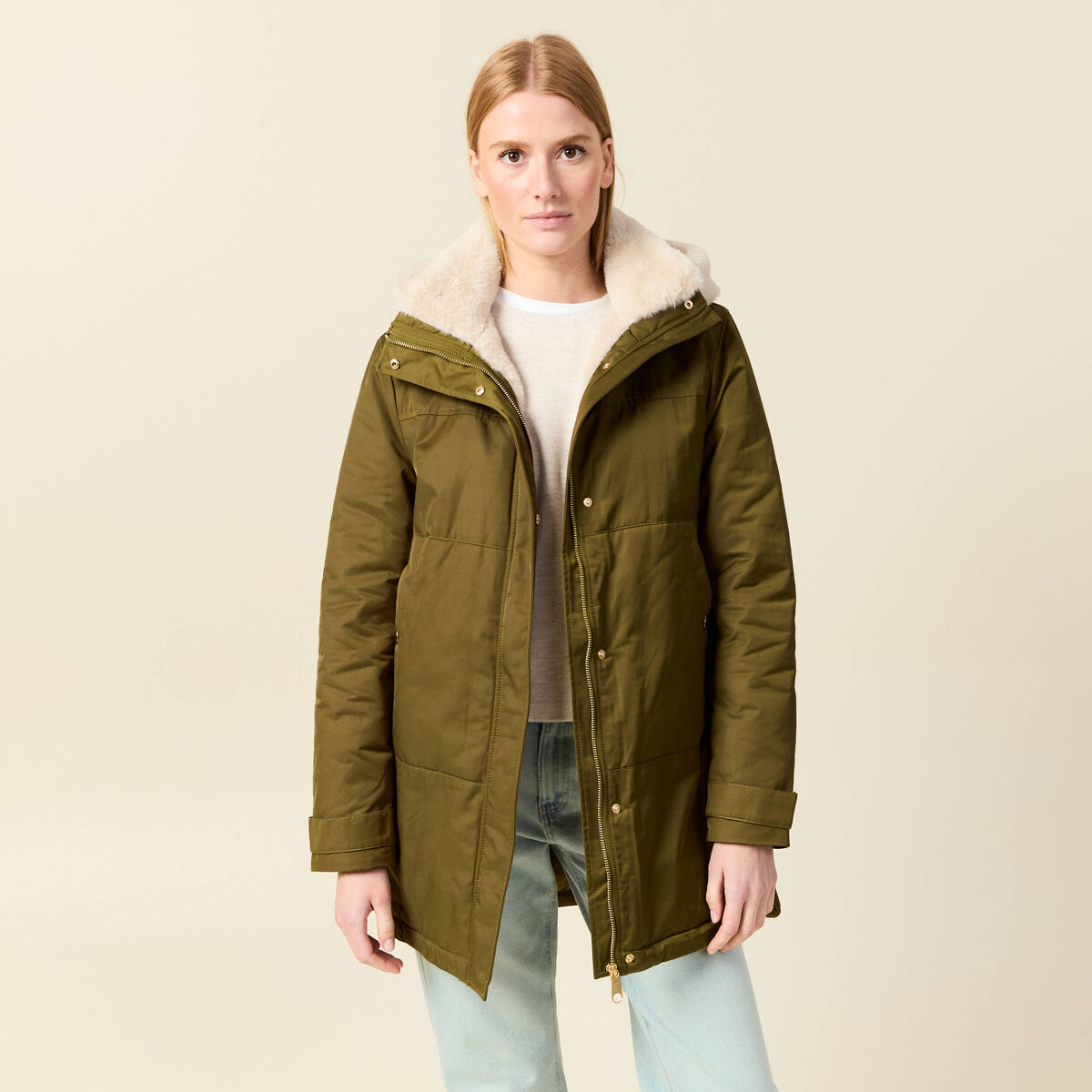 Parka droite &agrave; capuche vert kaki femme