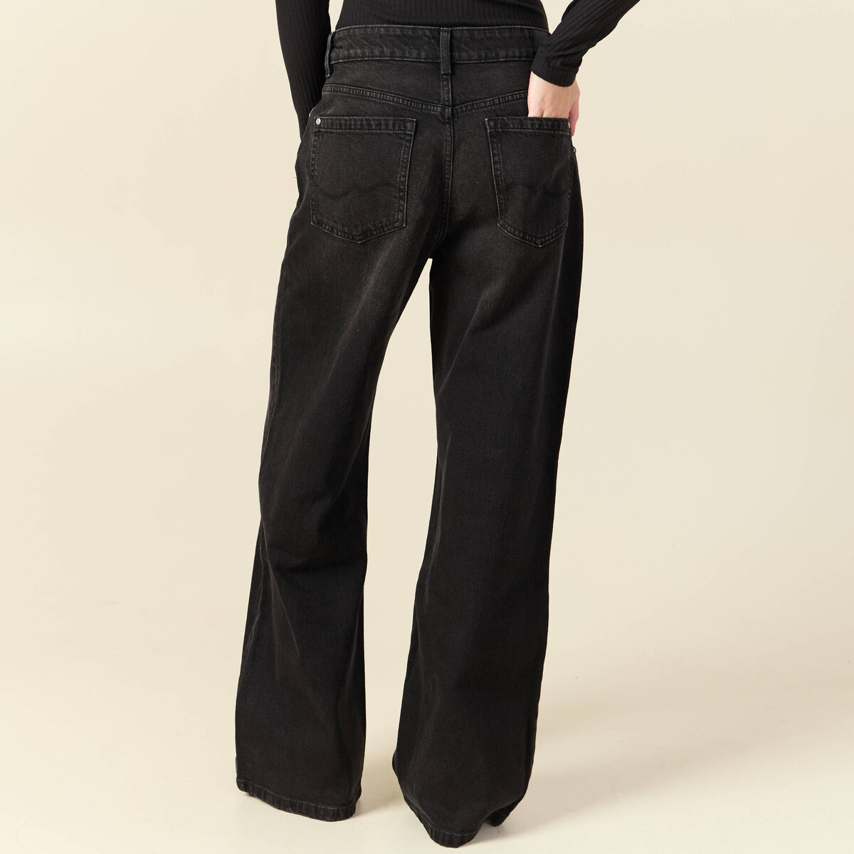 Jeans large taille haute denim noir femme