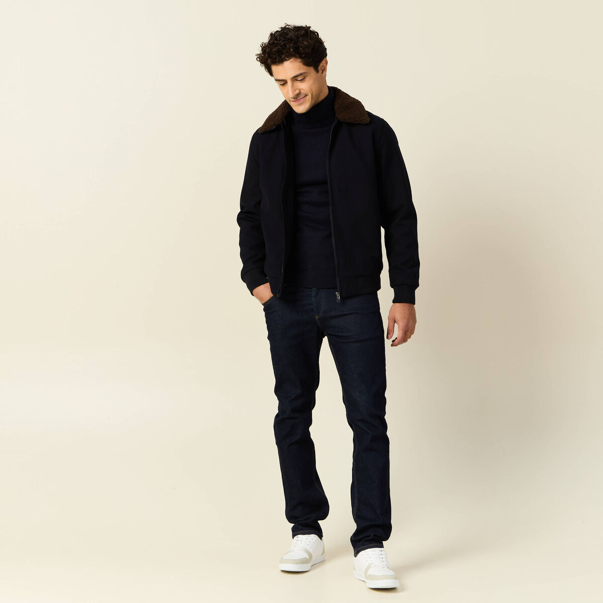 Blouson col aviateur zipp&eacute; bleu marine homme