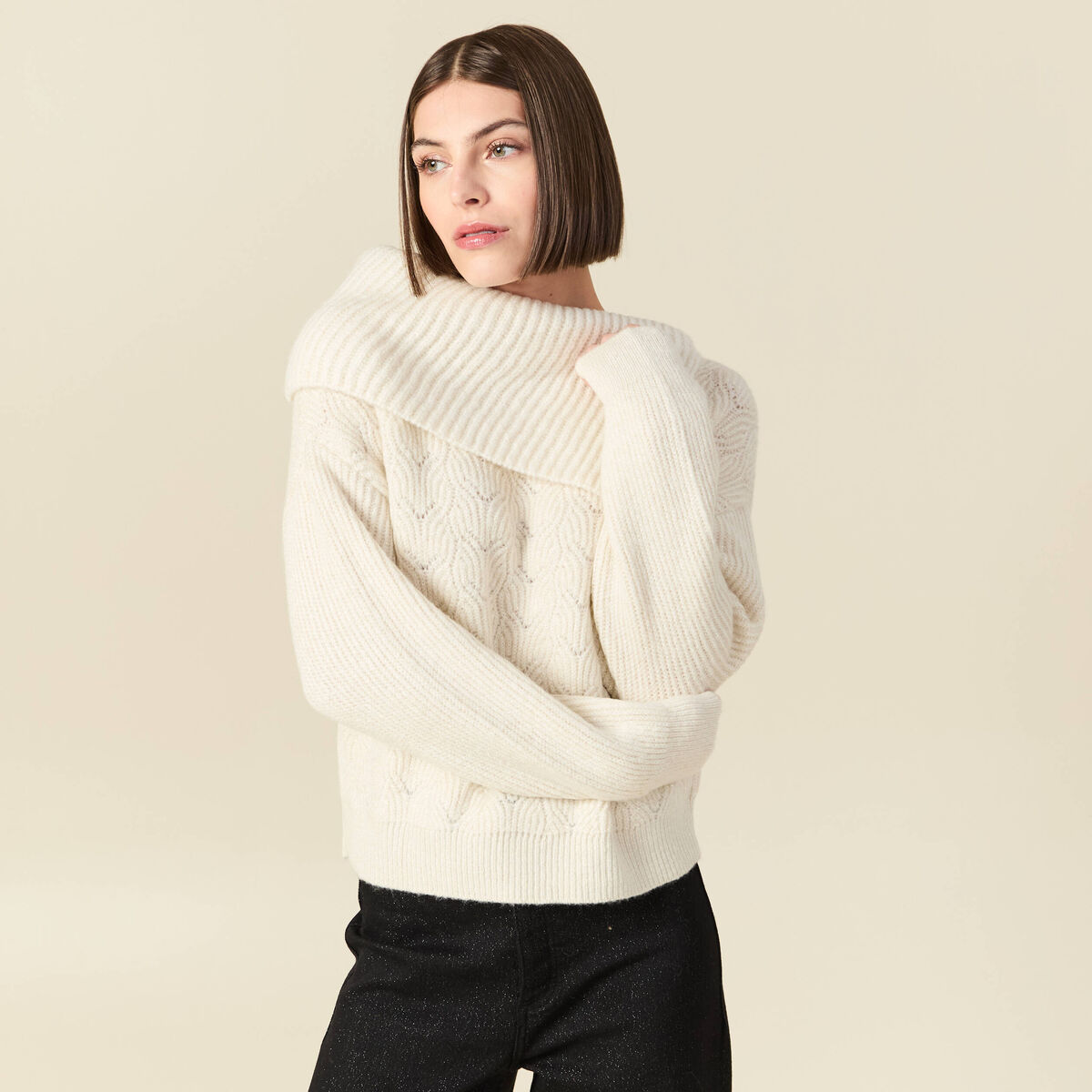 Pull ajour&eacute; manches longues bardot ecru femme