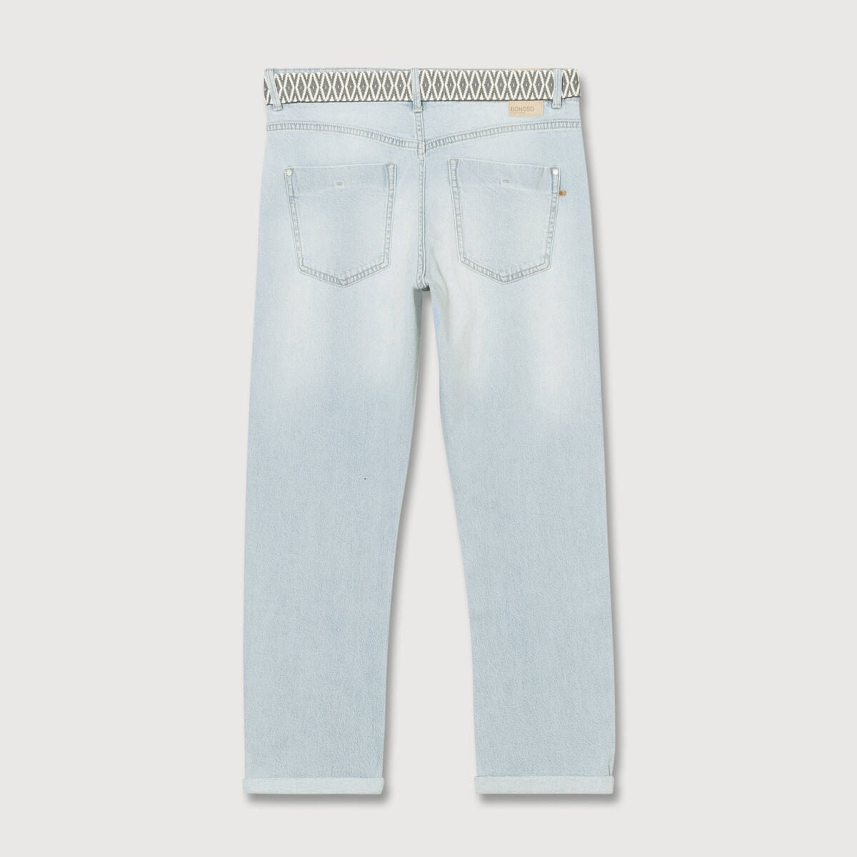 Jeans boyfriend ceintur&eacute; denim bleach femme