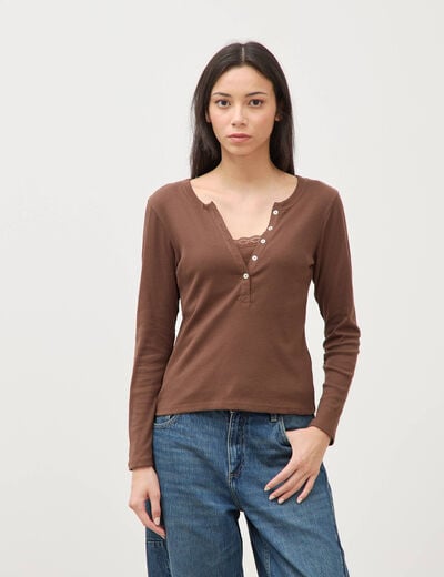 T-shirt cintr&eacute; manches longues marron fonc&eacute; femme