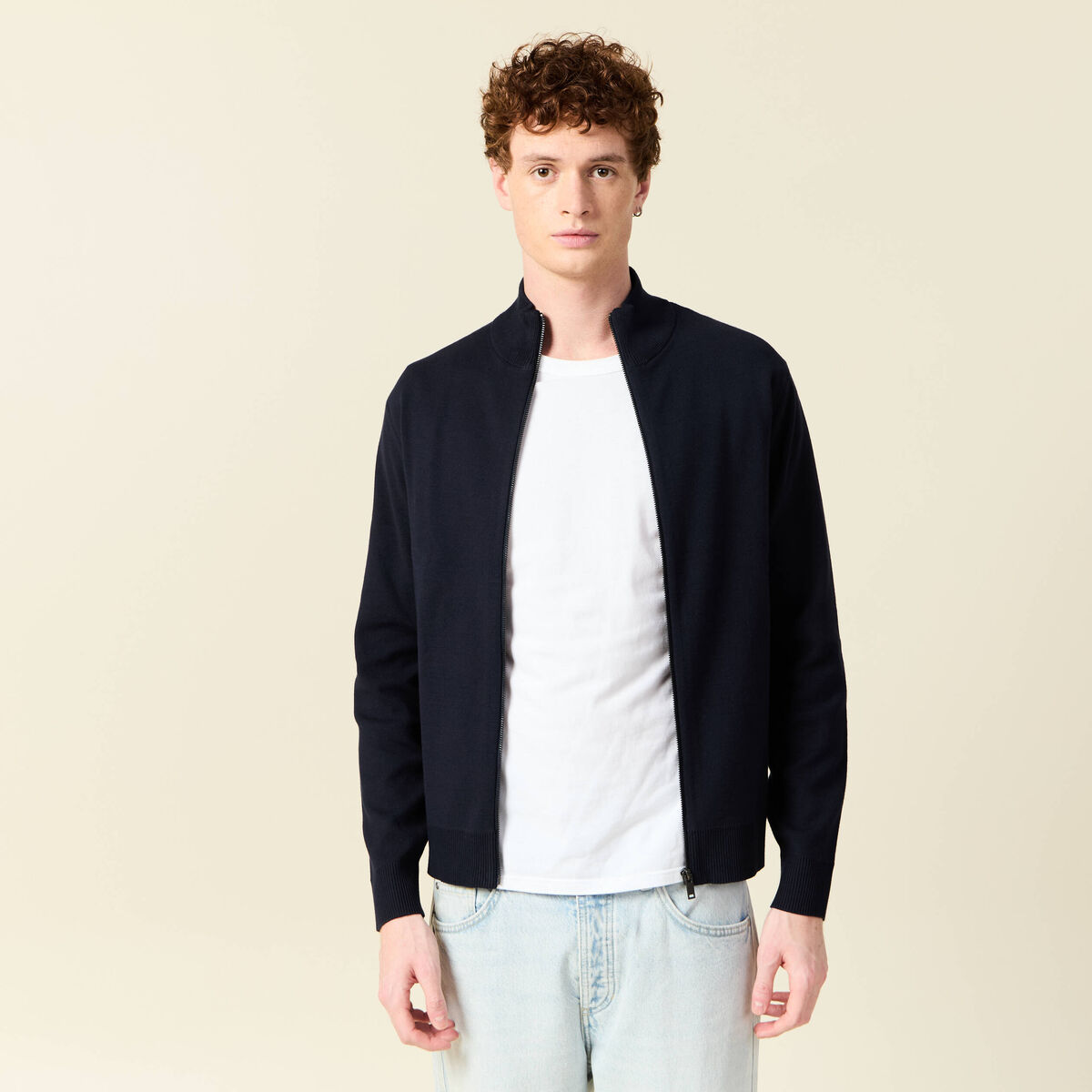 Gilet manches longues zipp&eacute; bleu marine homme