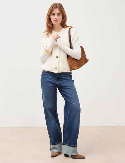 Pull droit col bateau manches longues ecru femme